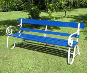 blue garden bench seat handmade in wrought iron and wood