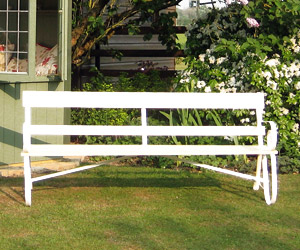 white garden bench handmade in wrought iron and wood